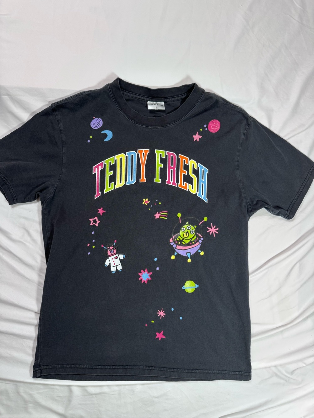 Teddy Fresh Black Tee with Neon Rainbow Space Graphic